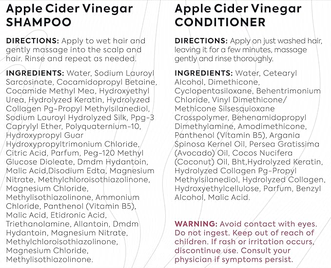 Apple Cider Vinegar Shampoo and Conditioner Set - Stop Flaky and Itchy Scalp – Sulfate Paraben Free Anti Dandruff Soothing Treatment for Dry, Oily and Damaged Hair - Intense Care for Women and Men