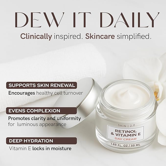 Skin 2.0 Retinol & Vitamin E Face Moisturizer - Dermatologist Tested, Hydrating, Restores Sun-Damaged Skin, Anti-Aging - Reduces Acne Scars, Clean Beauty, Cruelty-Free Korean Skincare - 1.69 Fl oz
