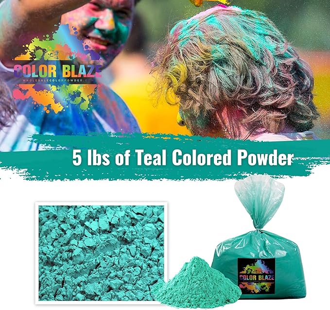 Color Blaze Holi Colored Powder - 5 lbs of Teal Powdered Color - for Fun Runs, Color Toss, Rangoli, Powder War, Backyard Party & Festivals - Pack of 1 Colorful Bag - 5 Pounds in Bulk - Teal