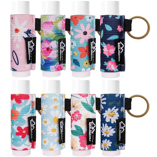 WK IEASON 8PCS Lip Balm Holder Keychain Bulk Holder made for Chapstick Holder Key chain Lip Gloss Sleeve Holder -Elastic Holder Sleeve for Fat and Slim Lip Balms&Gloss and Lip Sticker(8pcs Floral C)