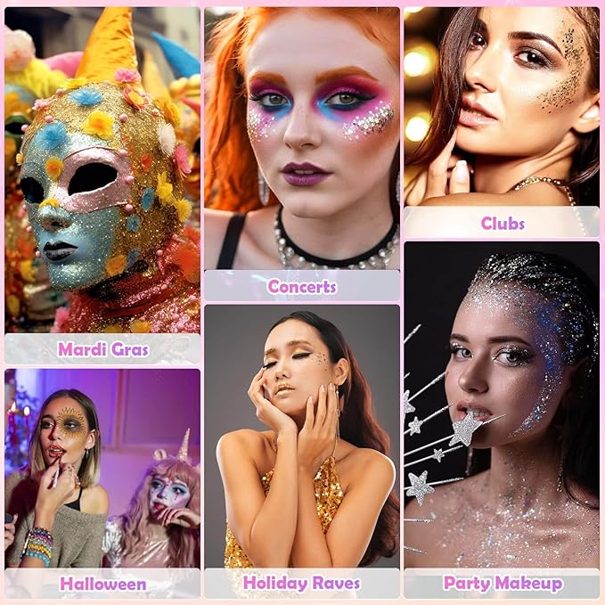 6 Colors Body Face Glitter Gel for Skin and Hair, Makeup Sparkles Rave Accessories for Festival Outfits, Mermaid Decorations, Disco Cowgirl, Mardi Gras