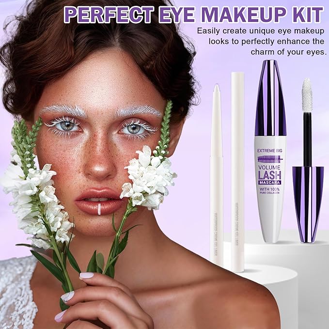 White Mascara and Eyeliner Set 5D Coloured Mascara for Eyelashed, Volumizing Curling Defining Eye Lashes, Long-Lasting Waterproof White Makeup