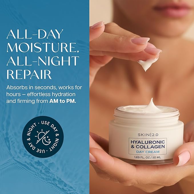 Skin 2.0 Hyaluronic Acid & Collagen Face Moisturizer – Deep Hydration & Firming Cream for Smooth, Youthful Look – Dermatologist Tested, Korean Skin Care Set, Vegan, Clean Beauty – Day & Night Duo