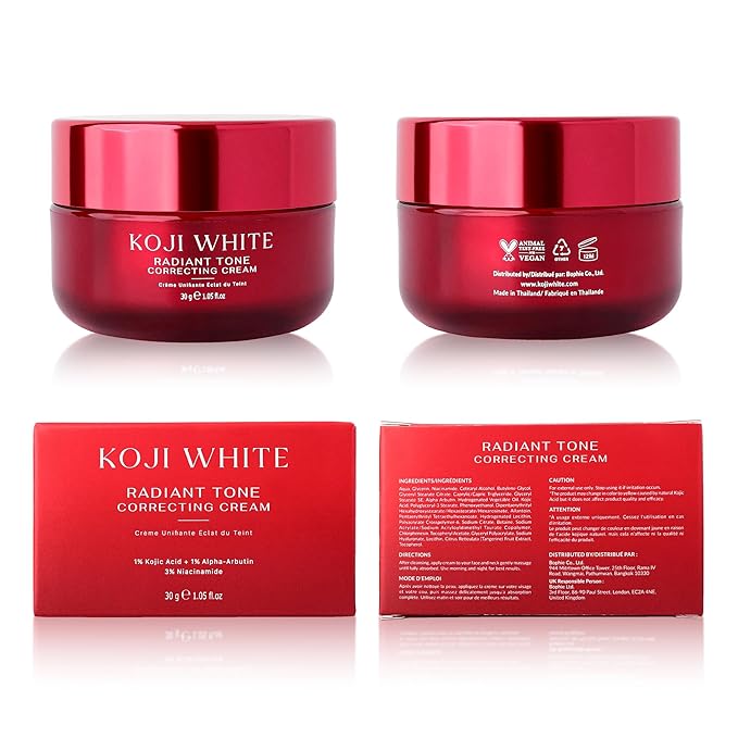 Koji White 1% Kojic Acid Cream | Face Moisturizer Radiant Tone Correcting Cream with 1% Alpha-Arbutin, 3% Niacinamide & Hyaluronic Acid for All Skin Types, Unscented, Vegan Skincare, 1.05 FL Oz