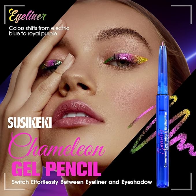 Chameleon Metallic Eyeshadow & Eyeliner Gel Pencil – Multichrome Shifting Colors Glitter Eye Makeup, Waterproof Long-Lasting Smudge-Proof Duochrome Pencil (Metallic Pink to Golden Olive)