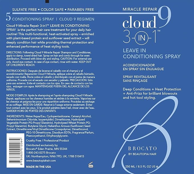 Cloud 9 Miracle Repair 3-in-1 Heat Protectant and Leave-In Conditioning Spray for Brilliant Blowouts and Anti-Frizz Hair