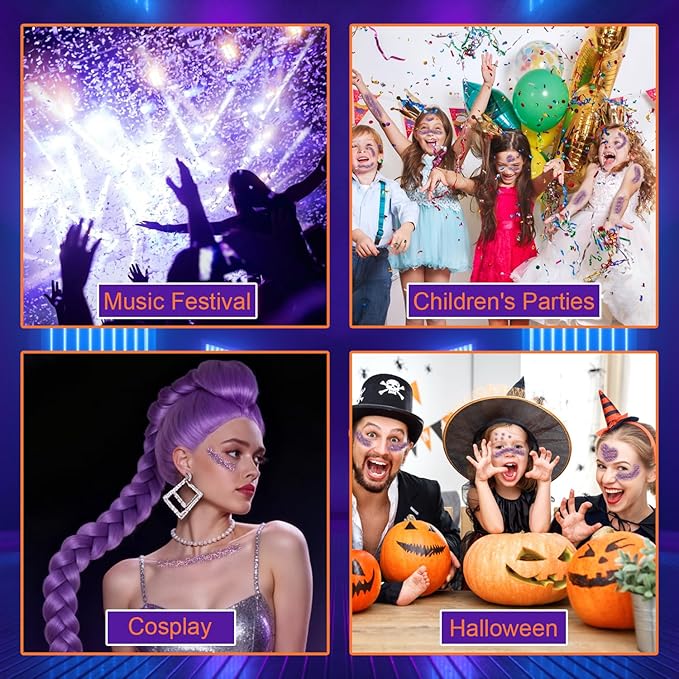 Halloween Body Glitter Stick, Black Orange Purple Sequin Hair Glitter for Rumi Costume Cosplay and Tattoos Makeup, Chunky Glitter Face Paint, Waterproof Face Glitter Gel for Glirs and Women