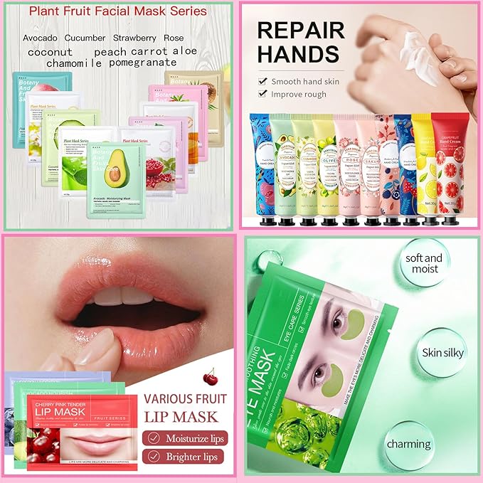 100PCS Spa Party Supplies, Party Favors,Facial Masks,Under Eye Patches,Hand Cream, Lip mask,Foot Masks,Hair Band and Organza Bags,Skin Care Set,Holiday Birthday Home Spa Day Kit