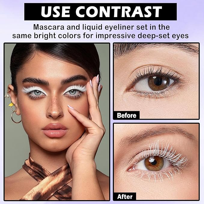 White Mascara for Eyelashes,5D Colored Mascara Volume and Length Waterproof,Natural Curling for Women Eye Makeup