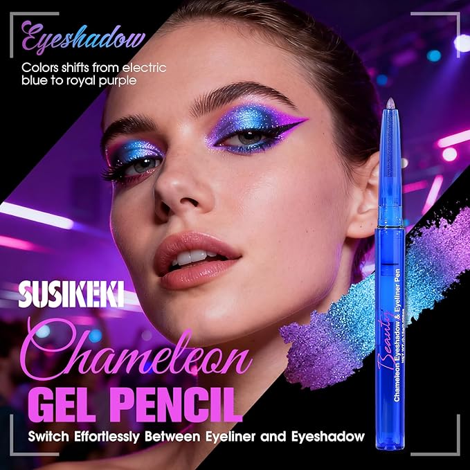 Chameleon Metallic Eyeshadow & Eyeliner Gel Pencil – Multichrome Shifting Colors Glitter Eye Makeup, Waterproof Long-Lasting Smudge-Proof Duochrome Pencil (Periwinkle Blue to Deep Amethyst)