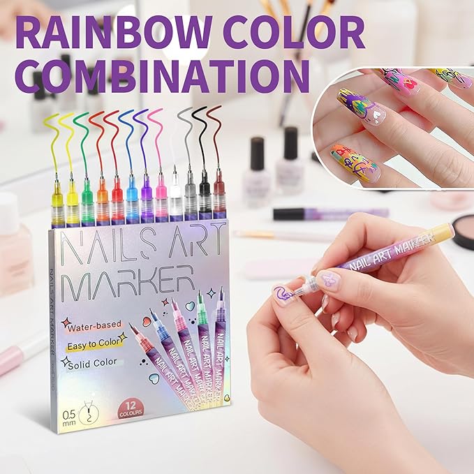 12 Colors Nail Art Pens Set,Nail Art Markers for Gel Nails,Fine Tip Nail Art Pen 0.5mm,Drawing Painting Liner Brush for DIY Nail Art Drawing Painting Tools (A-1 Set)
