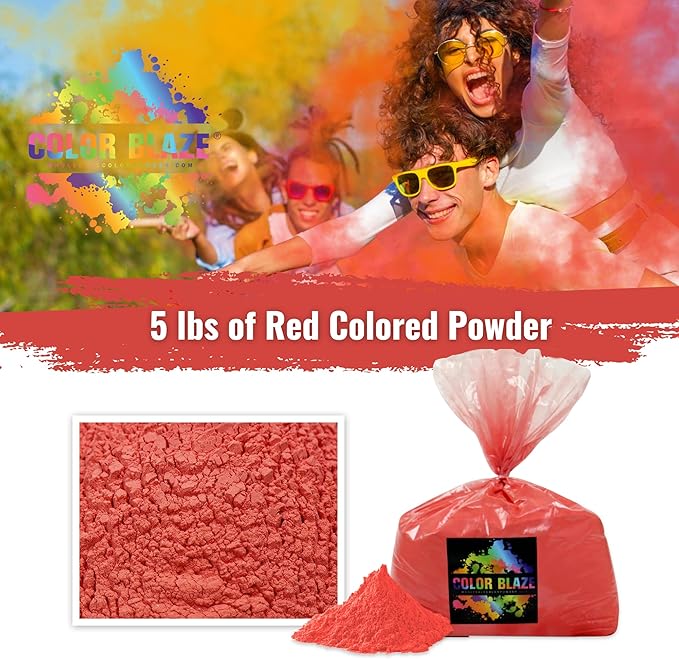 Color Blaze Holi Colored Powder - 5 lbs of Red Powdered Color - for Fun Runs, Color Toss, Rangoli, Powder War, Backyard Party & Festivals - Pack of 1 Colorful Bag - 5 Pounds in Bulk - Red