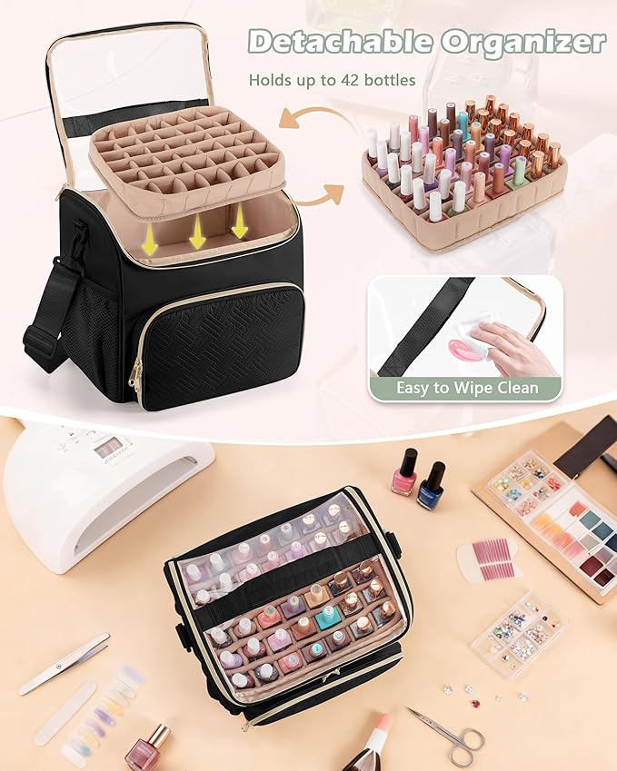 Nail Polish Organizer Bag Holds 42 Bottles(15ml/0.5 fl.oz), Double Layer Nail Storage Case for Gel Polish and Manicure Tools, Travel Nail Bag, Black