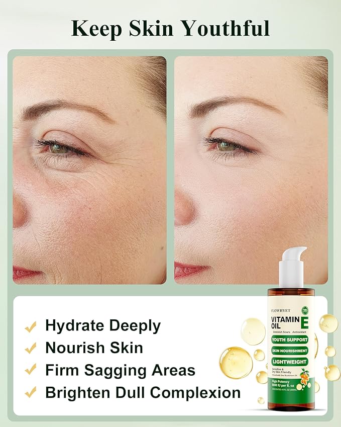FLOWHYET 5 Floz Vitamin E Oil For Skin Scars, Pure Organic Nail Oil vit e for Cuticle, Face, Body and Hair, Nourish Dry Skin, Maintain Youthful, Antioxidant, Fade Scars LIGHTWEIGHT - 150ml