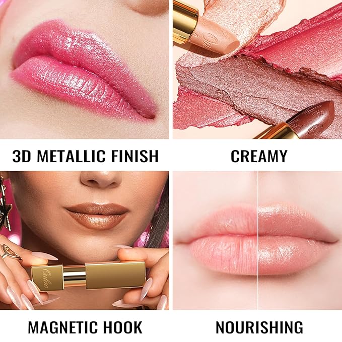Oulac Metallic Lipstick for Women with Lightweight Hydrating Formula, Metallic Golden Nude Lip Stick, Vegan Beauty, Full Coverage Lip Makeup, Christmas Gifts for Women, Sahara Gold(10)