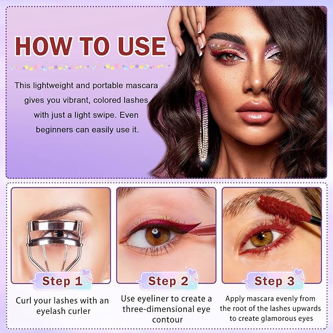 Burgundy Mascara and Eyeliner Set 5D Red Mascara for Eyelashed, Volumizing Curling Defining Eye Lashes, Long-Lasting Waterproof Red Eyeliner