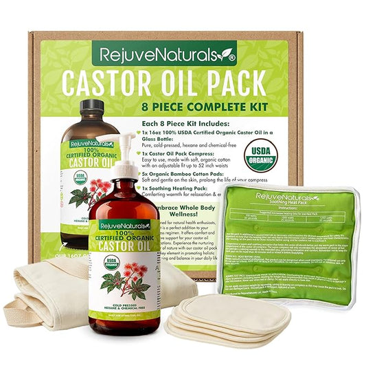Castor Oil Pack - 8 Piece Complete Kit. Includes 16oz Glass Bottle of Organic Castor Oil, Easy to use Organic Cotton Compress with Adjustable Fit, 5 Soft Cotton Pads & Soothing Heat Pack..