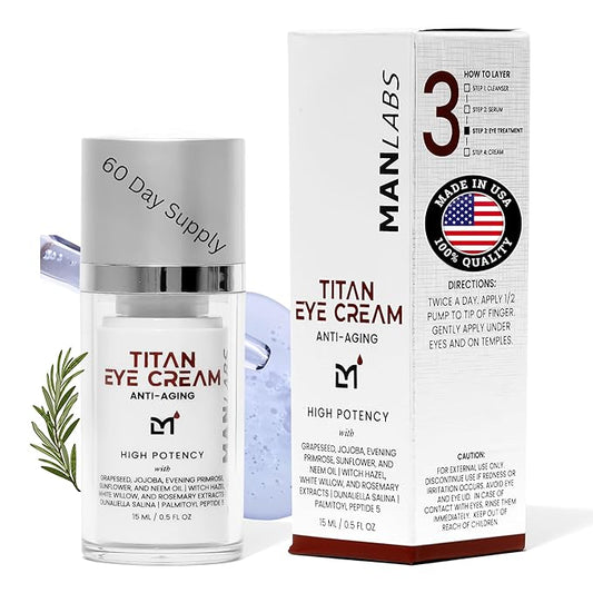 Man Labs Titan Anti-Aging Mens Eye Cream – Mens Dark Circles Under Eyes Treatment – Eye Bags Treatment for Men – Puffy Eyes Treatments for Men – Peptides, HA, Herbal Extracts –All Skin Types–Unscented