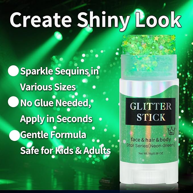 MEICOLY Light Green Body Glitter Stick,Green Accessories for Spirit Week,Alien Face Glitter,Hair Glitter for Women Kids,Irish St Patricks Day Accessories,Festival Mermaid Chunky Makeup for Mardi Gras