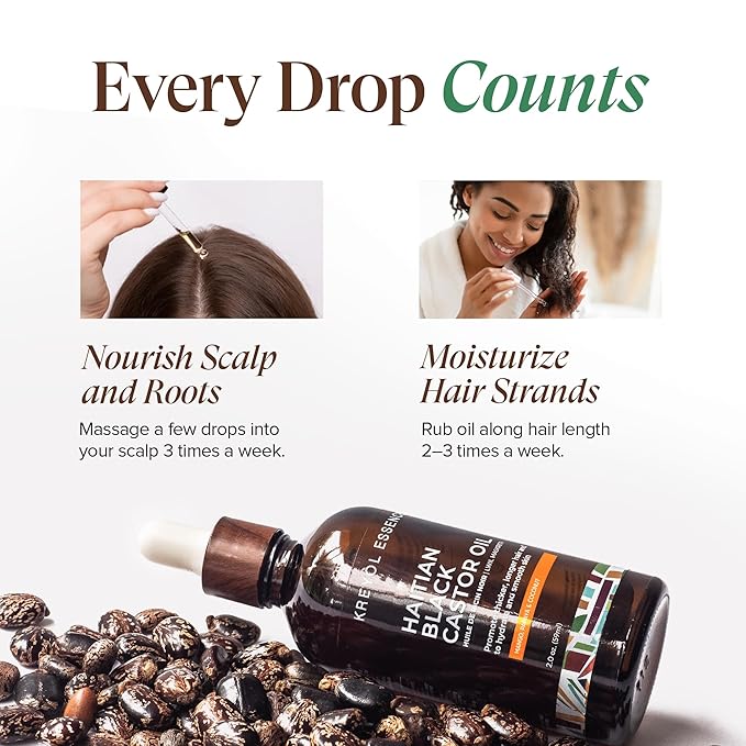 Kreyol Essence - Haitian Black Castor Oil for Skin and Hair, Glass Bottle - Fuller-Looking Hair, Hexane Free, Natural Humectant