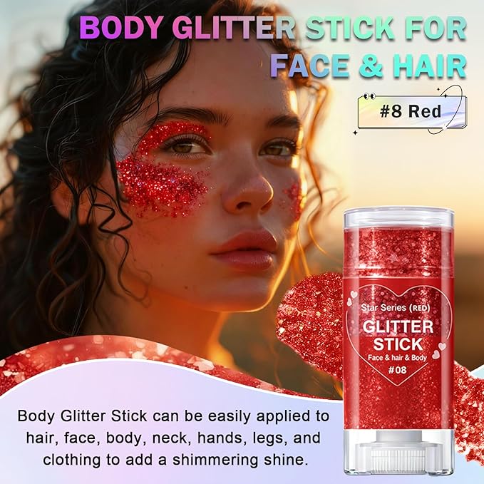 Red Body Glitter Stick, Face Body Glitter Gel Holographic Hair Glitter Halloween Chunky Sequin Waterproof Face Paint Stick Glitter Makeup for Kids and Women