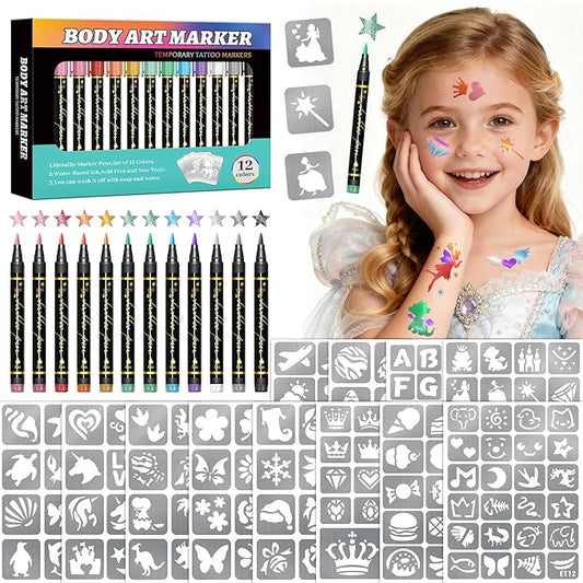 Temporary Tattoo Markers for Skin, 12 Metallic Body Markers + 183PCS Tattoo Stencils for Kids Adults Women Men Body Face Painting Marker Set, Cosmetic Tattoos Pens for School Show Party Christmas Gift