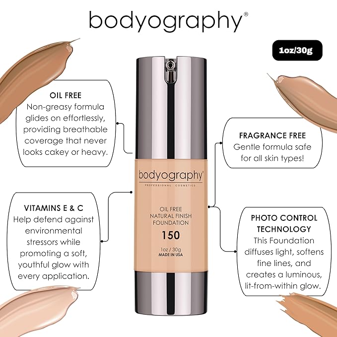 Bodyography Natural Finish Foundation (Medium/Dark/Cool #220) | Oil-Free, Anti-Aging Salon Foundation with Vitamin E & C | Photo-Ready, Skin-Perfecting Coverage | Vegan, Gluten-Free, Paraben-Free