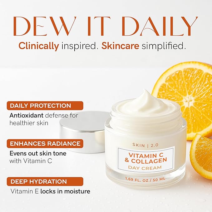 Skin 2.0 Vitamin C & Collagen Face Moisturizer - Dermatologist Tested, Anti-Aging, Skin Tightening - Brightening, Clean Beauty, Cruelty-Free, Korean Skincare for All Skin Types - 1.69 Fl oz