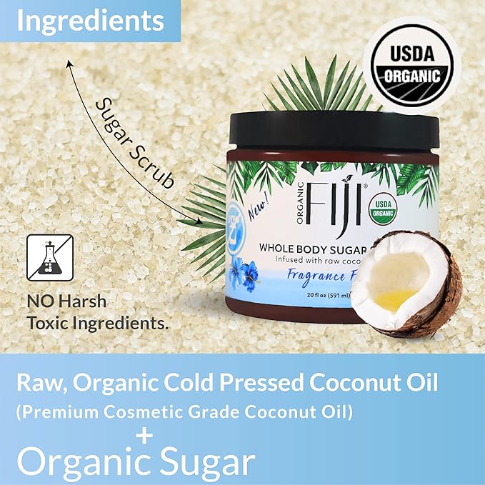 Organic Fiji Whole Body Scrub - Infused with Coconut Oil, Exfoliating Sugar Scrub for Smooth and Soft Skin, Exfoliates & Restores Skin's Natural Biosphere, Fragrance Free 20 oz