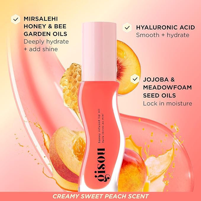 Gisou Honey Infused Hydrating Lip Oil, Nourishing Lip Moisturizer for Dry Lips (Bee-lini Peach)