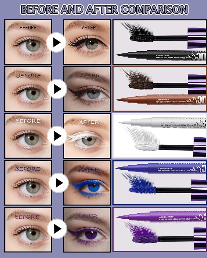 Waterproof Purple Mascara&Liquid Eyeliner Pen Set,Volumizing Colored 5D Fiber Mascara for Eyelash Volume and Length Máscara,Longlasting Smudgeproof Matte Color Eye Liner Pencil Women Party Stage Use