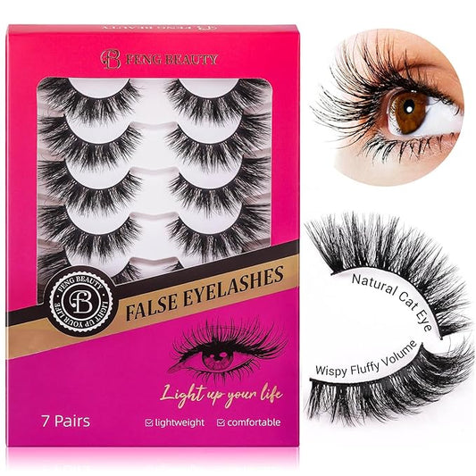 Cat Eye False Eyelashes Wispy Fluffy Volume Dramatic Long Strip Lashes Lightweight Natural Look Easy to Apply Reusable Faux Mink Lashes for Daily and Glam Makeup 7 Pairs