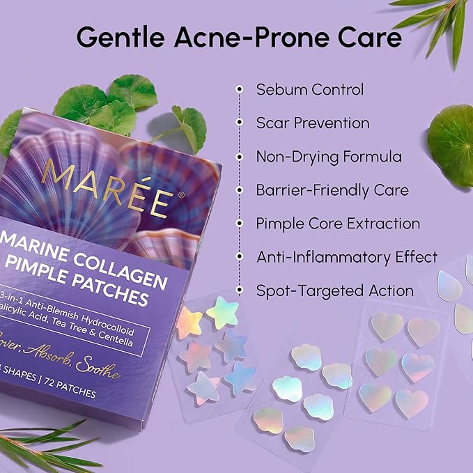 MAREE Star Pimple Patches for Face - Hydrocolloid Acne Patches w/Salicylic Acid, Tea Tree Oil & Centella - Cute Pimple Patches Stars - Teens Zit Patches Stickers - Parches Para Acne - 72 Blemish Dots