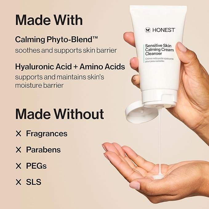 Honest Beauty Sensitive Skin Calming Cream Cleanser, Gently Cleanses Hydrates Calms, Hypoallergenic, Fragrance-Free, Vegan, 4 fl oz