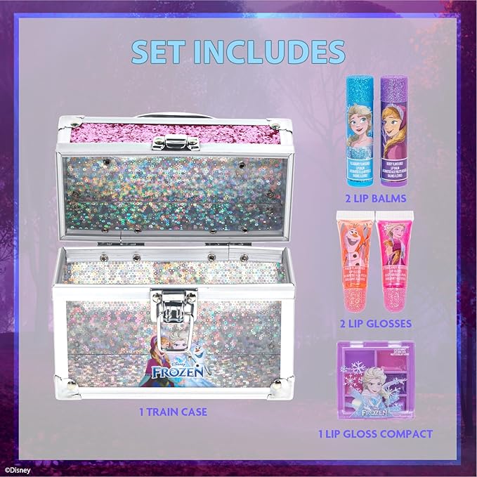 Disney Frozen Beauty Mini Train Case Set Includes Lip Gloss Tube, Lip Balm, Lip Gloss Compact for Girls,for Parties, Sleepovers by Townley Girl
