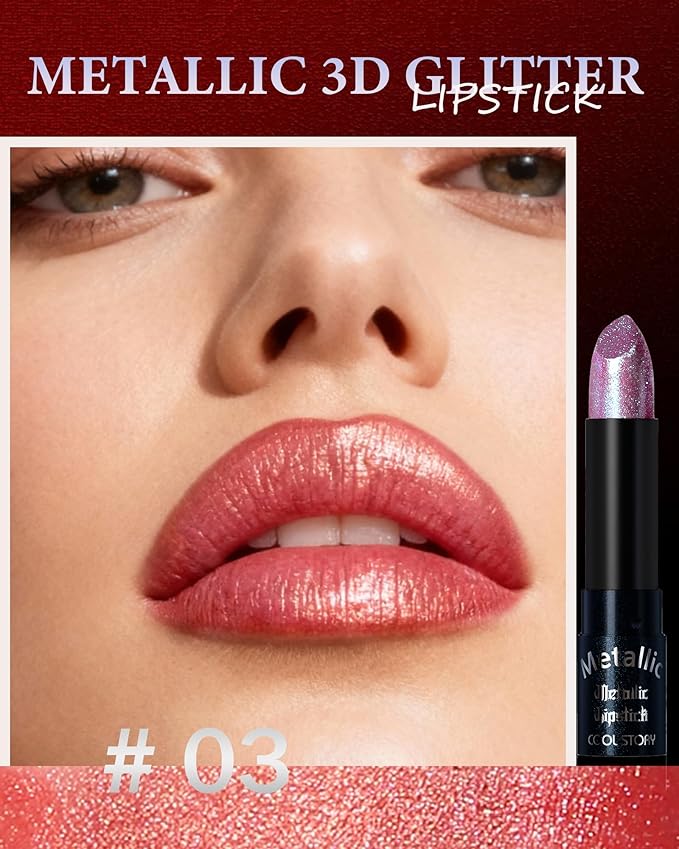 Glitter Rose Red Metallic Lipstick for Women,Long Lasting Shimmer Sparkling Diamond Lipstick Glitter High Pigmented Lip Gloss Metallic Matte Nude Lip Color Stain Waterproof,Non Stick Lips Makeup-03