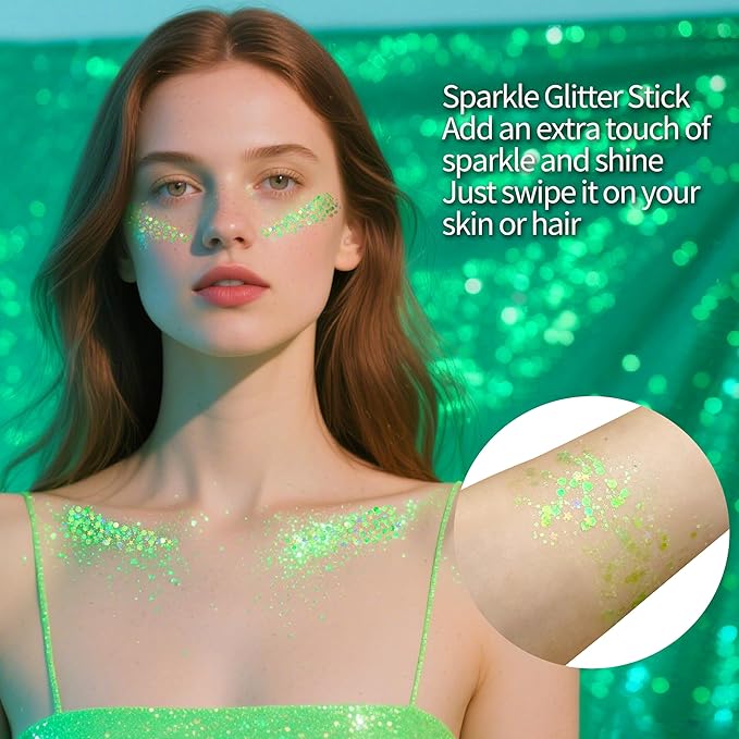 MEICOLY Light Green Body Glitter Stick,Green Accessories for Spirit Week,Alien Face Glitter,Hair Glitter for Women Kids,Irish St Patricks Day Accessories,Festival Mermaid Chunky Makeup for Mardi Gras