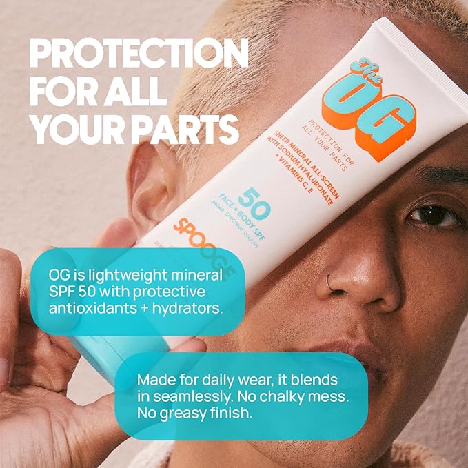 SPOOGE The OG Mineral All-Screen SPF 50 Face + Body, Dermatologist Developed, Broad Spectrum, Sheer Sunscreen - Non-Greasy No Chalky Mess & Reef Safe, All-Weather Care with Aloe + Vitamins C+E - 5 Oz