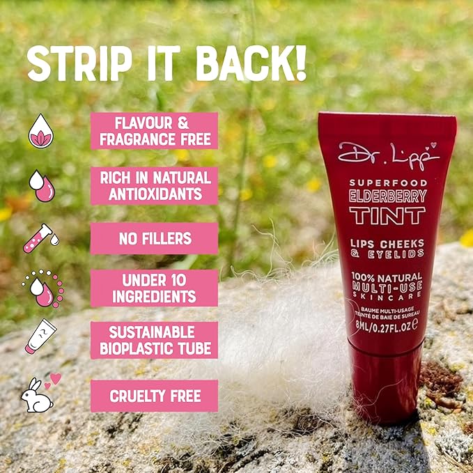 Dr. Lipp Superfood Lip Tint Elderberry 8ml – 4-in-ONE Ultra Moisturising Tinted Lip Balm, Lip Gloss, Cheek Blush & Glossy Eyeshadow – 100% Natural – Fragrance & Cruelty Free