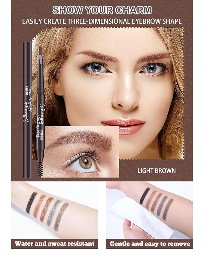 Berinist 6 Pack Light Brown Eye Brow Pencil, Waterproof Eyebrow Pencils for Women- Dual-Ended with Spoolie Brush and Triangular Tip for Easy Defining, Natural Fill, Long-Lasting Brows, Sweatproof