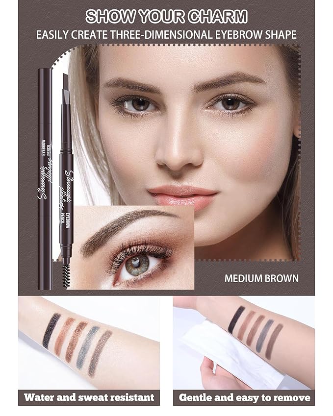 Berinist 6 Pack Medium Brown Eyebrow Pencil, Waterproof Eye Brow Pencils for Women- Dual-Ended with Spoolie Brush and Triangular Tip for Easy Defining, Natural Fill, Long-Lasting Brows, Sweatproof