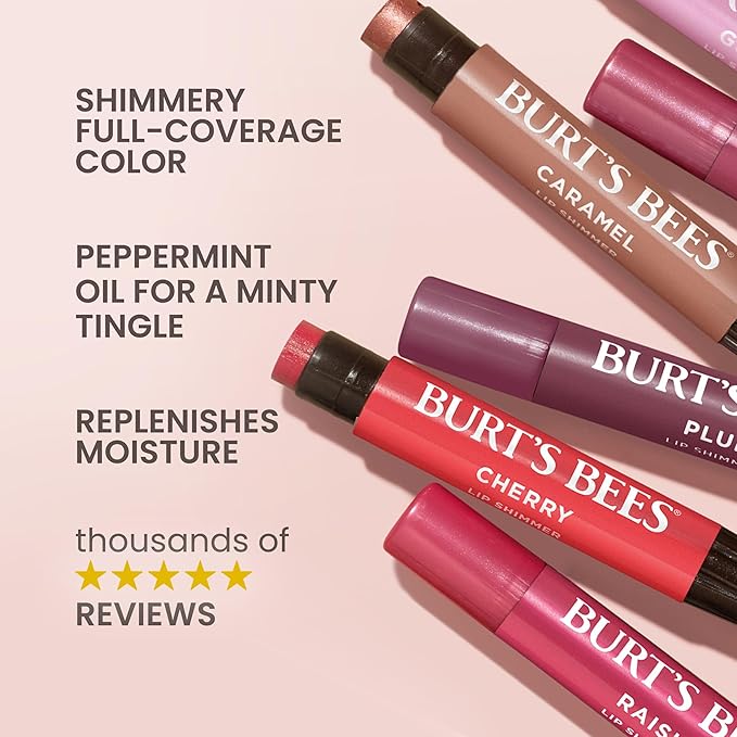 Burt’s Bees Lip Shimmer Watermelon; Warm, Luminescent Color; High Impact, Instant Moisture; with Shea and Cocoa Butters; 100% Natural Origin; 4 Tubes, 0.09 Oz. (Packaging May Vary)