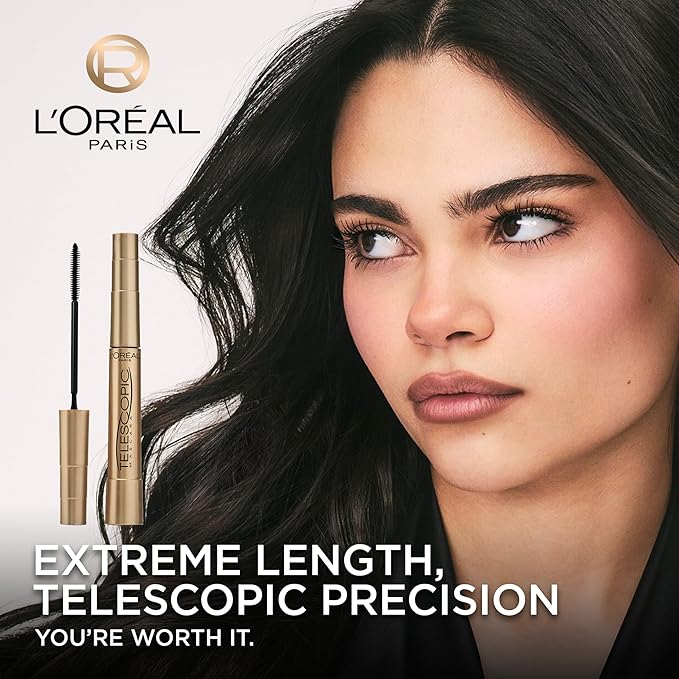 L'Oreal Paris Makeup Telescopic Original Lengthening, Lash Separating Mascara with Dual Precision Brush, Washable, Blackest Black, 0.27 Fl Oz., 2 Count