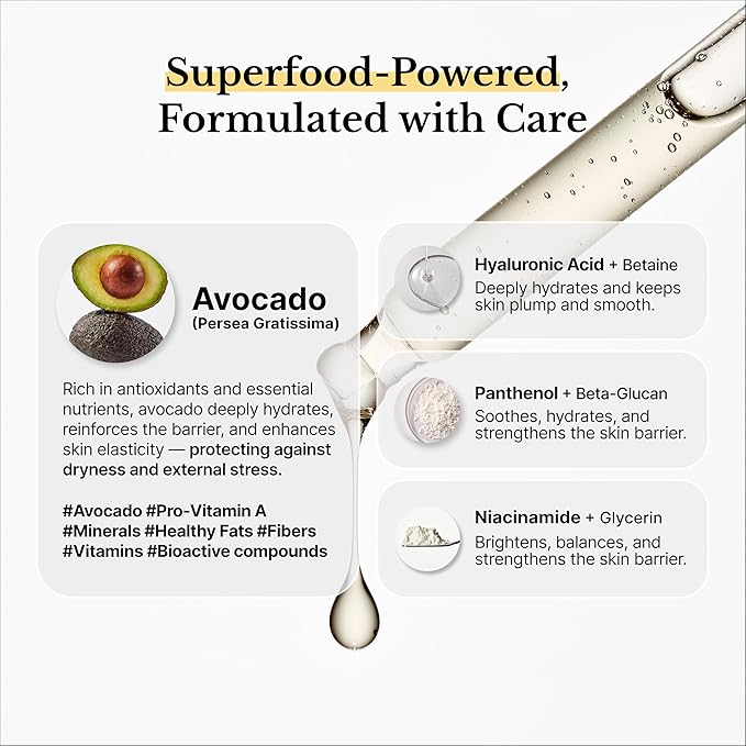 Hydrating Serum with Avocado, Hyaluronic Acid & Panthenol – Barrier Boosting + Brightening Serum for Sensitive Skin – Vegan, Fragrance-Free, Dermatologist-Tested – 30ml