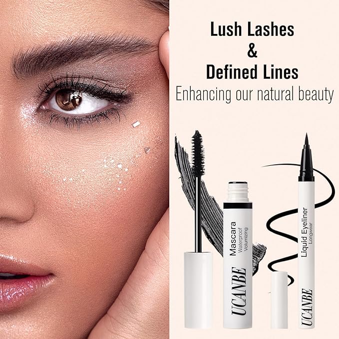 UCANBE Brown Mascara and Liquid Eyeliner Set, Waterproof Colored Eye Makeup Duo - Enhance Your Gaze with Natural Lasting Lift & Curl for Lashes and Pigmented Smudge-Proof Eye Liner