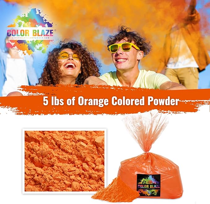 Color Blaze Holi Colored Powder - 5 lbs of Orange Powdered Color - for Fun Runs, Color Toss, Rangoli, Powder War, Backyard Party & Festivals - Pack of 1 Colorful Bag - 5 Pounds in Bulk - Orange