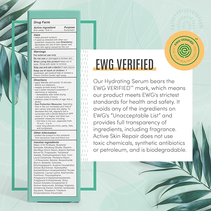 Active Skin Repair SPF 50 EWG-Certified Hydrating Daily Sunscreen and Face Moisturizer, Non-Nano Zinc, Non-Toxic Broad Spectrum Protection Hydrating Mineral Facial Sunscreen, 1.7 fl. oz.