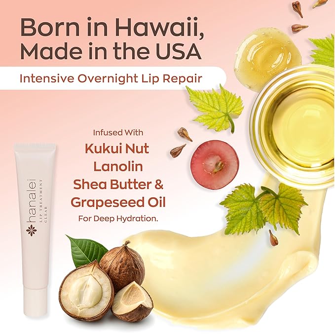 Hanalei Lip Treatment for Dry, Chapped Lips – Intensive Overnight Moisturizer with Kukui Oil, Shea Butter & Grapeseed Oil – Hydrating Balm for Healing Cracks – Rose Pink Tint, 15g – Cruelty-Free