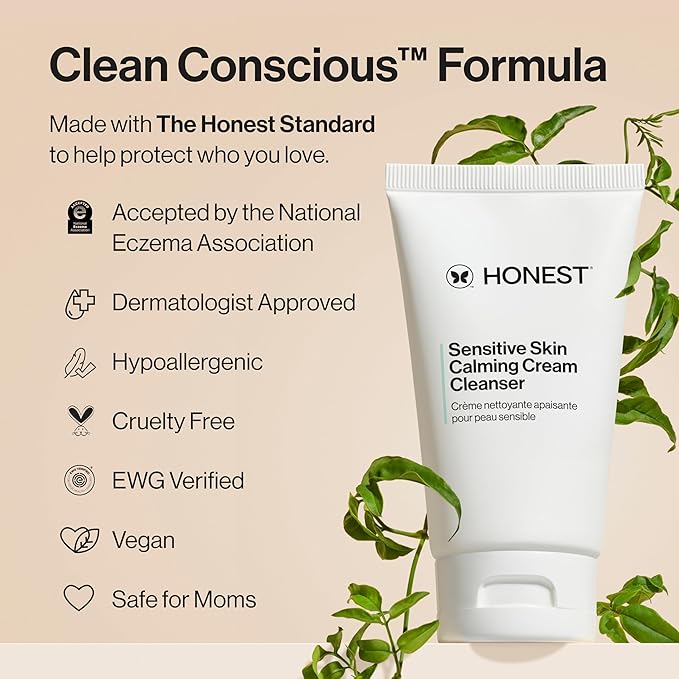 Honest Beauty Sensitive Skin Calming Cream Cleanser, Gently Cleanses Hydrates Calms, Hypoallergenic, Fragrance-Free, Vegan, 4 fl oz