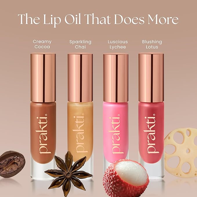 Prakti KhushiKiss Nourishing Lip Oil in Sparkling Chai, Hydrates & Plumps Lips, High-Shine Finish, with Hyaluronic Acid & Peptides, 0.17 oz